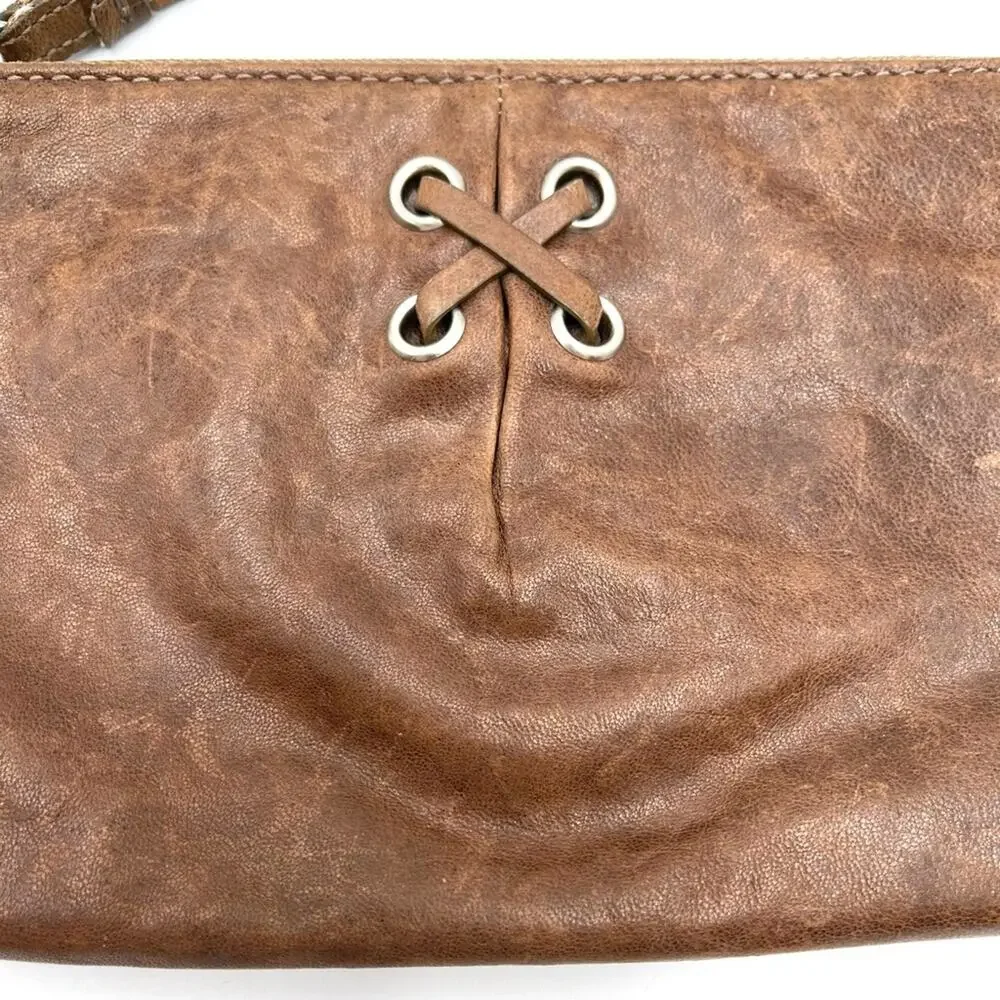 Cole Haan wristlet mini pouch clutch full zipper closure brown leather